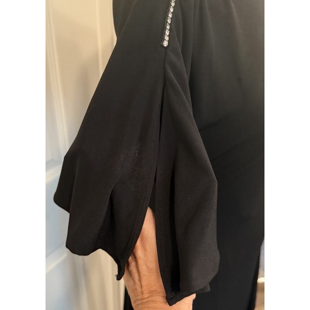 J Peterman Cocktail Dress LBD Sz 6 Black Ruched Rhinestones Ruffle Button Detail - Picture 3 of 16